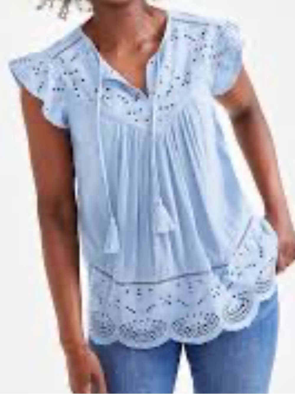 Style & Co. Light Blue Eyelet Tassel Flutter Sleeve Blouse